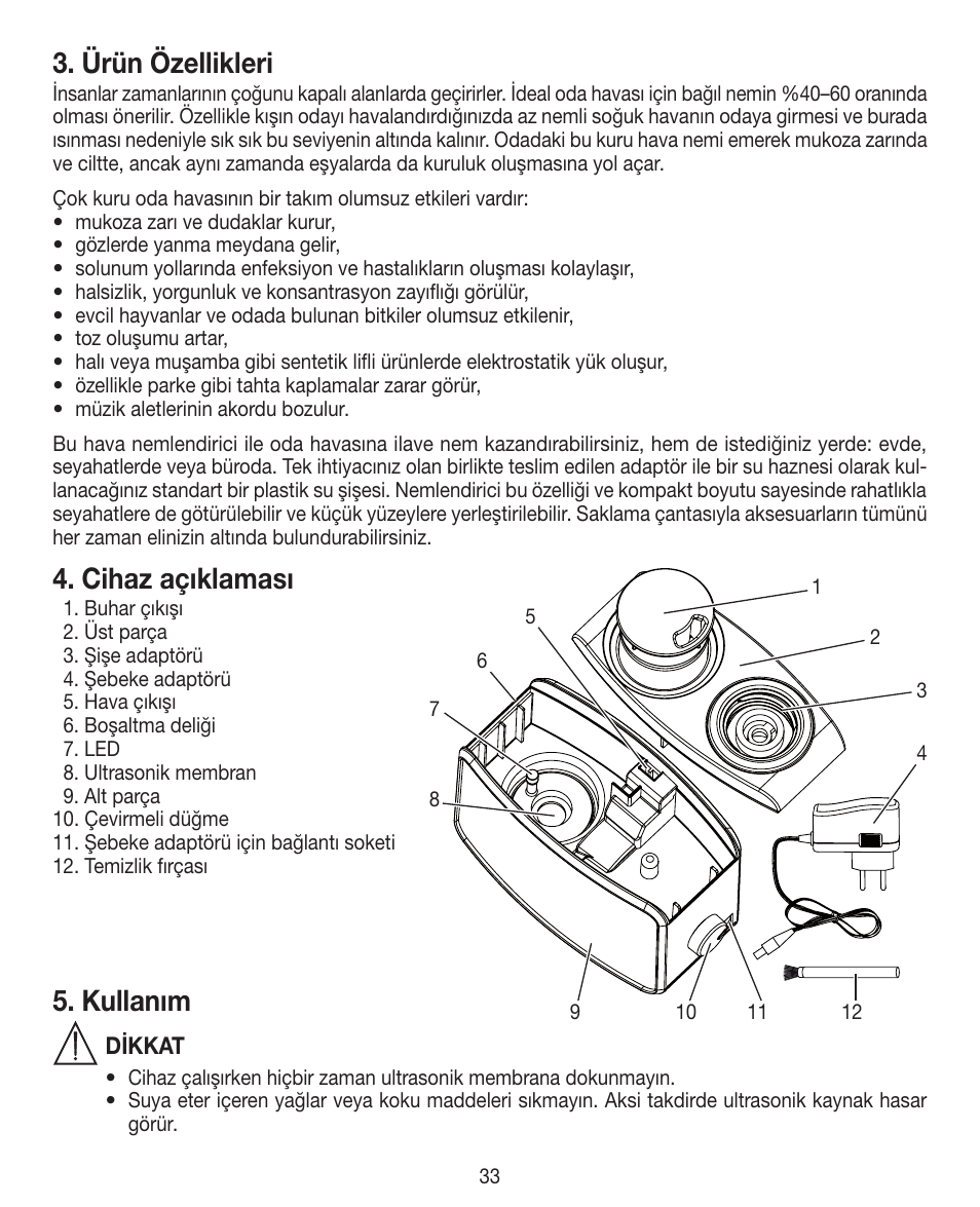 Ürün özellikleri, Cihaz açıklaması, Kullanım | Beurer LB 12 User Manual | Page 33 / 48