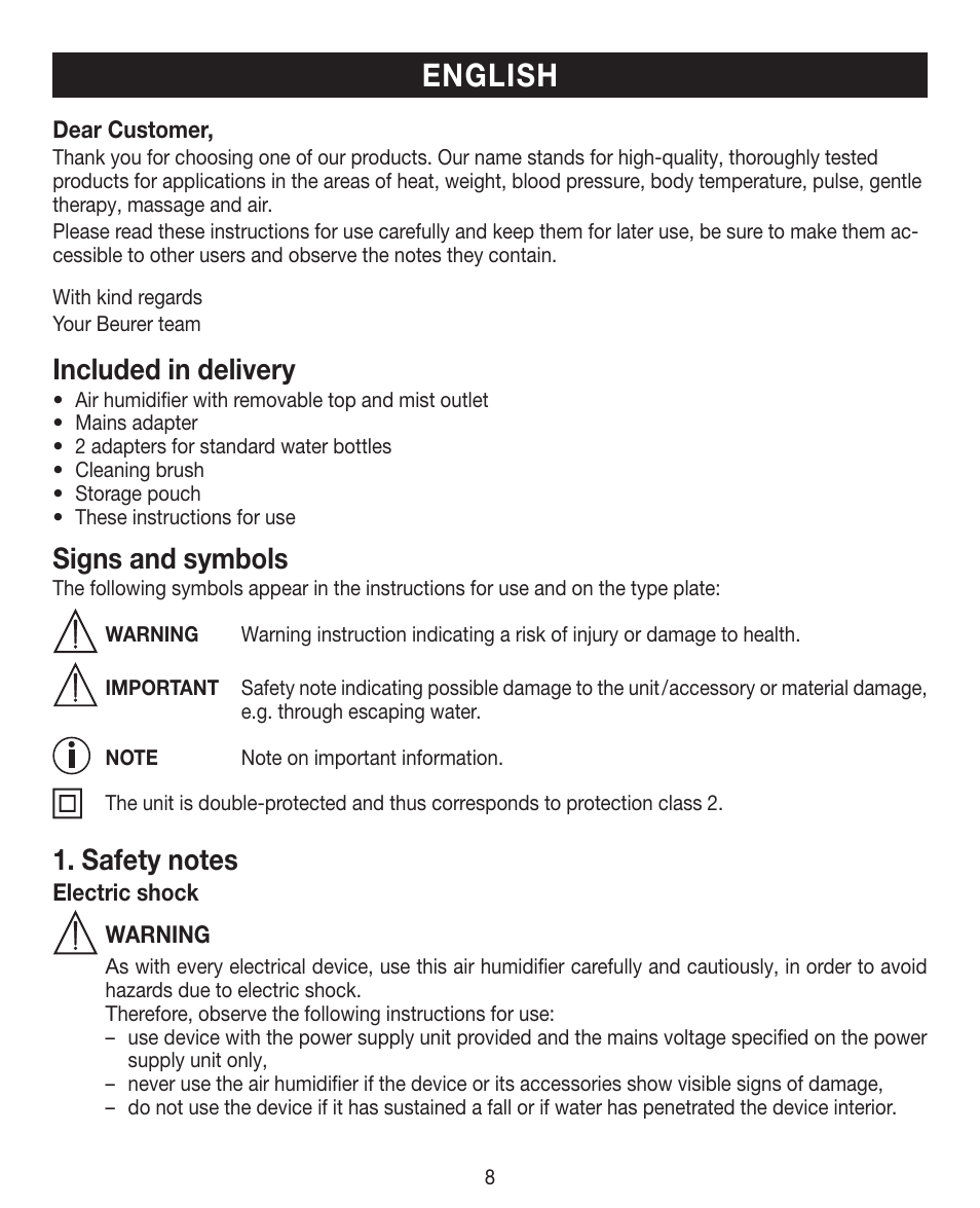 English, Included in delivery, Signs and symbols | Beurer LB 12 User Manual | Page 8 / 48