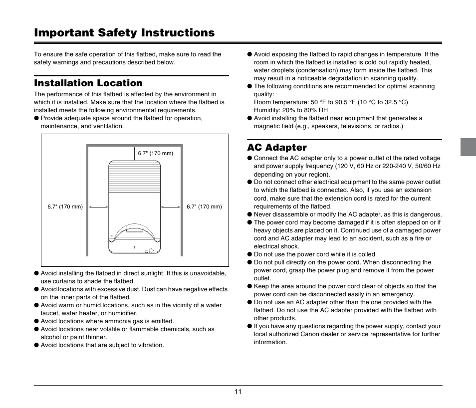 Important safety instructions, Installation location, Ac adapter | Installation location ac adapter | Canon M181011 User Manual | Page 11 / 31