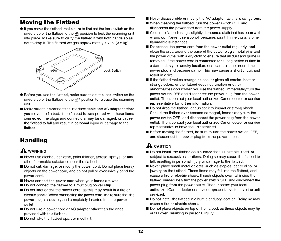 Moving the flatbed, Handling, Moving the flatbed handling | Canon M181011 User Manual | Page 12 / 31