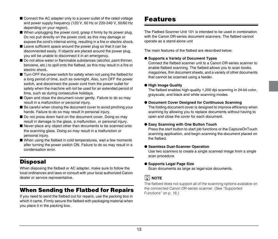 Disposal, When sending the flatbed for repairs, Features | Disposal when sending the flatbed for repairs | Canon M181011 User Manual | Page 13 / 31