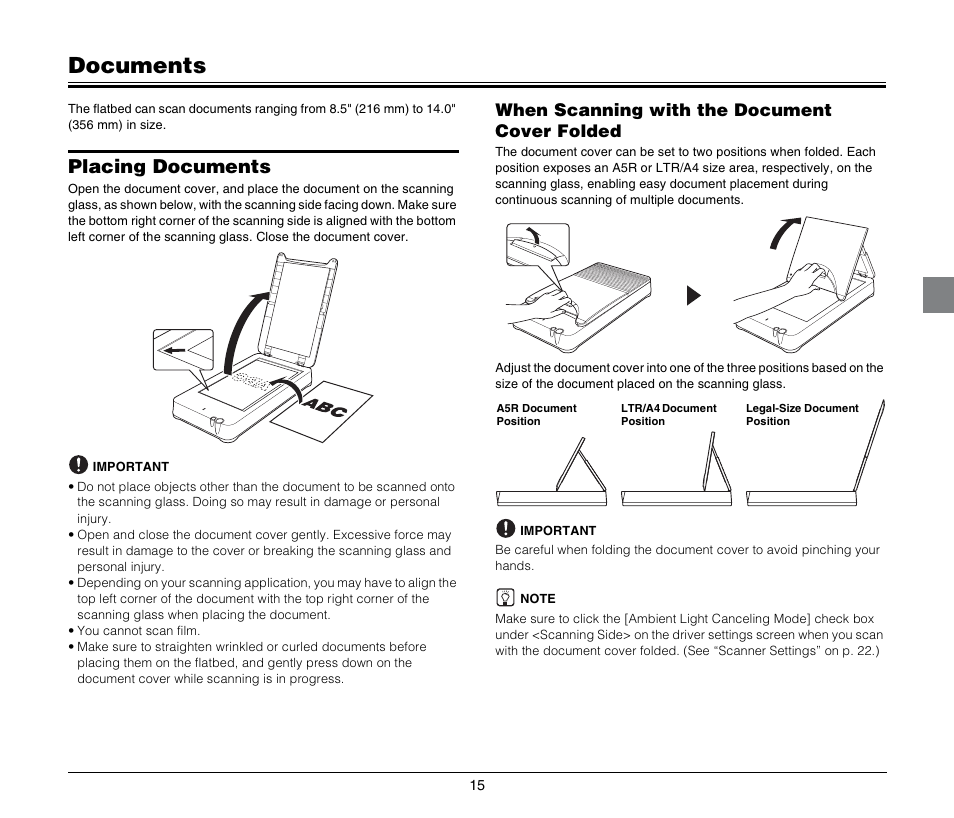 Documents, Placing documents, When scanning with the document cover folded | Canon M181011 User Manual | Page 15 / 31