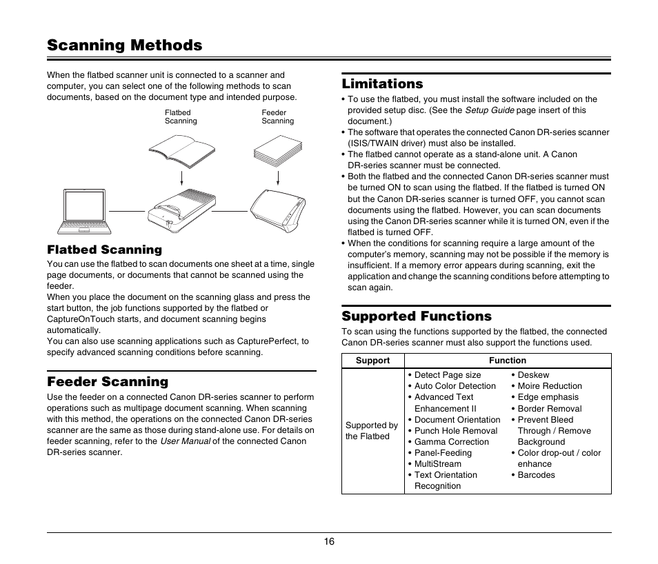 Scanning methods, Feeder scanning, Limitations | Supported functions, Feeder scanning limitations supported functions, Flatbed scanning | Canon M181011 User Manual | Page 16 / 31