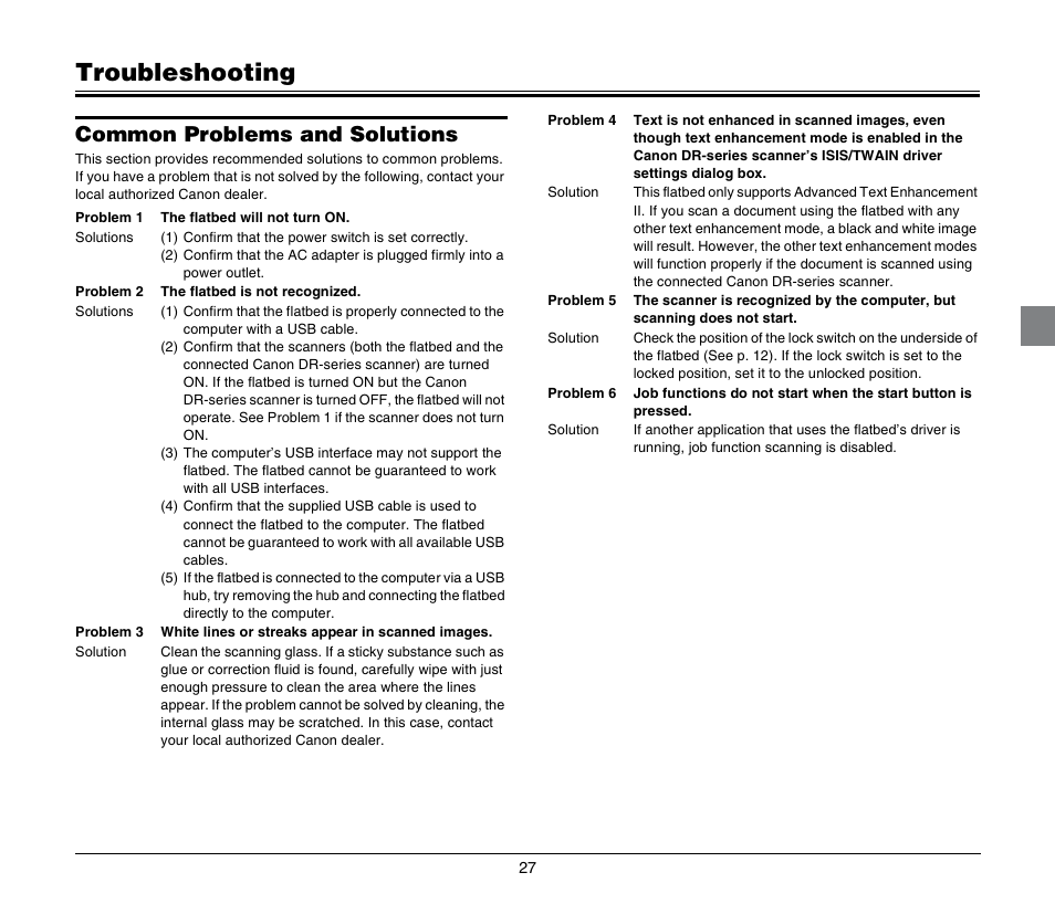 Troubleshooting, Common problems and solutions | Canon M181011 User Manual | Page 27 / 31