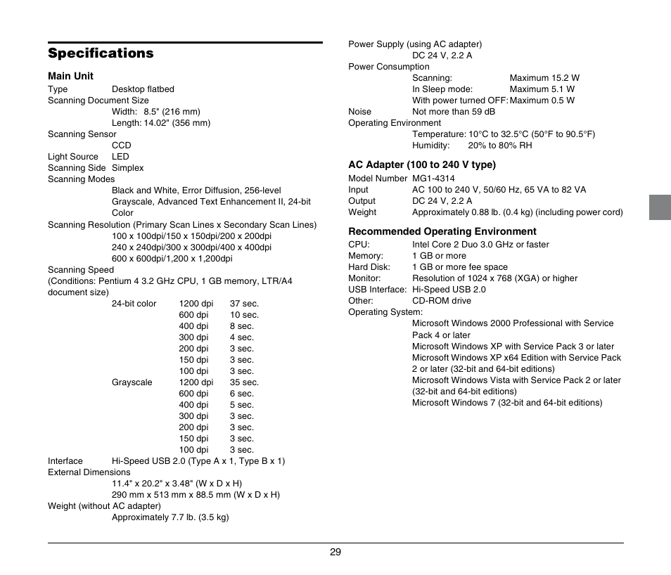 Specifications | Canon M181011 User Manual | Page 29 / 31