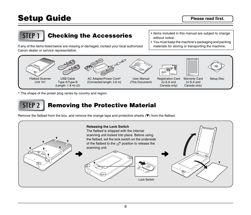 Setup guide, Checking the accessories, Removing the protective material | Canon M181011 User Manual | Page 6 / 31