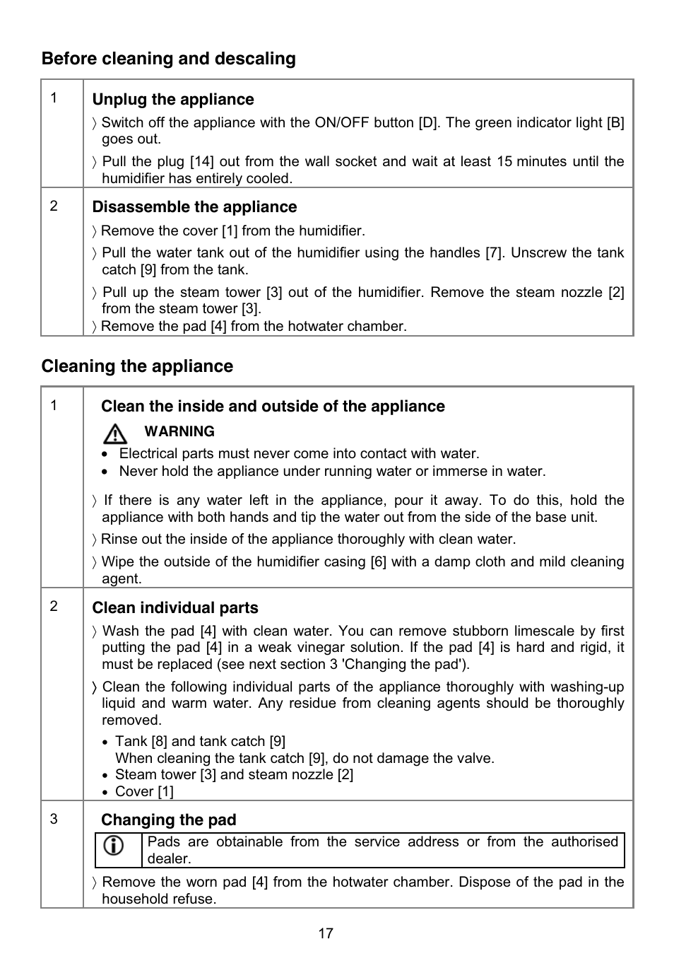 Before cleaning and descaling, Cleaning the appliance | Beurer LB 50 User Manual | Page 19 / 84