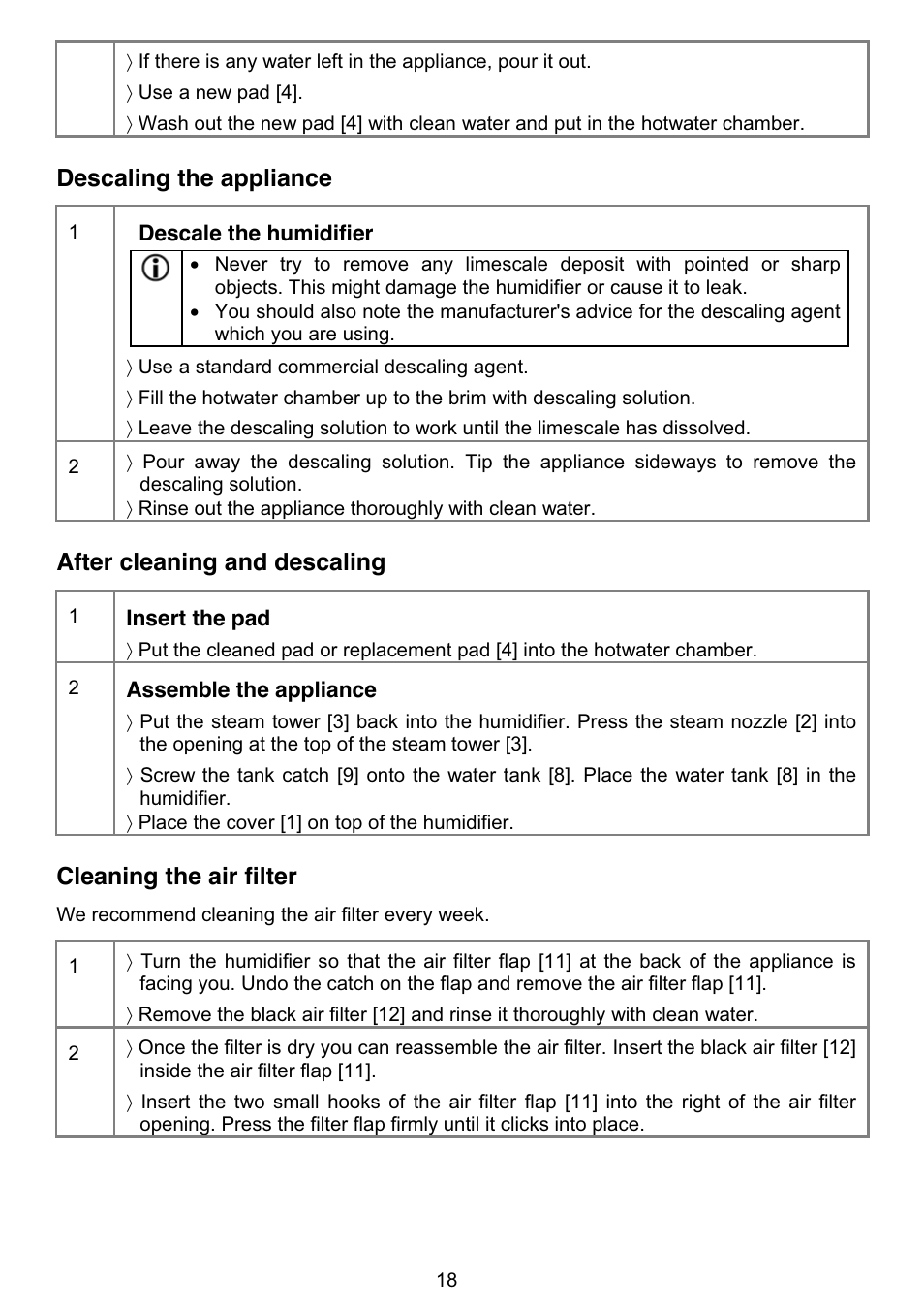 Descaling the appliance, After cleaning and descaling, Cleaning the air filter | Beurer LB 50 User Manual | Page 20 / 84