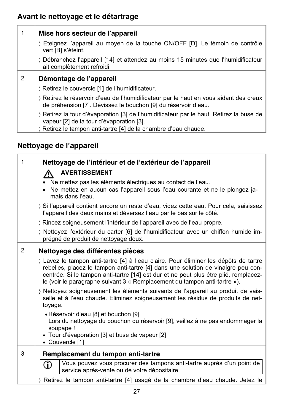 Avant le nettoyage et le détartrage, Nettoyage de l’appareil | Beurer LB 50 User Manual | Page 29 / 84