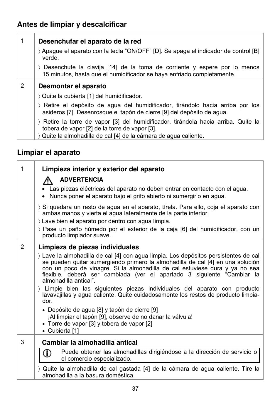 Antes de limpiar y descalcificar, Limpiar el aparato | Beurer LB 50 User Manual | Page 39 / 84