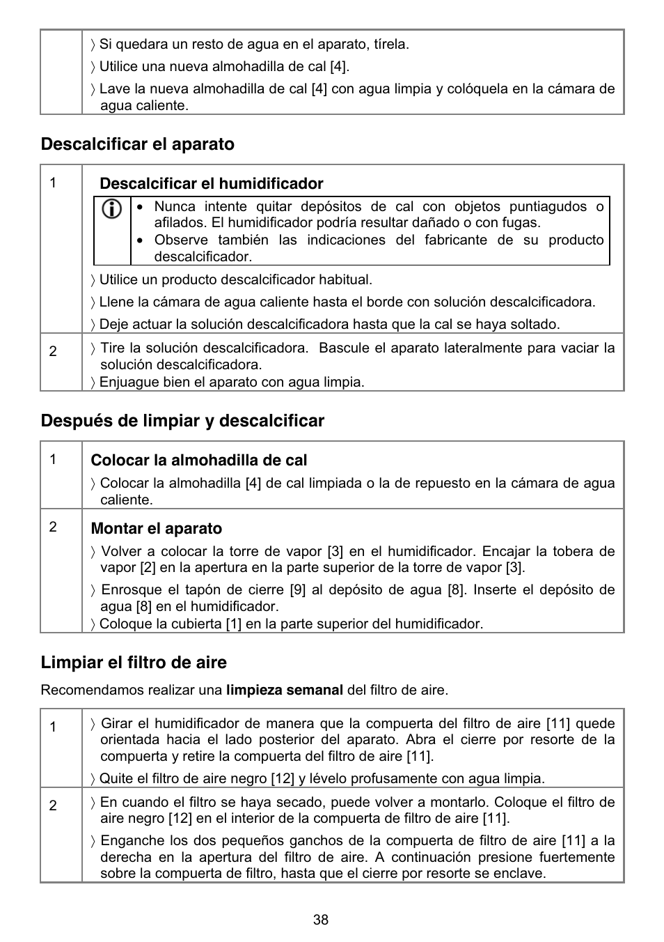 Descalcificar el aparato, Después de limpiar y descalcificar, Limpiar el filtro de aire | Beurer LB 50 User Manual | Page 40 / 84