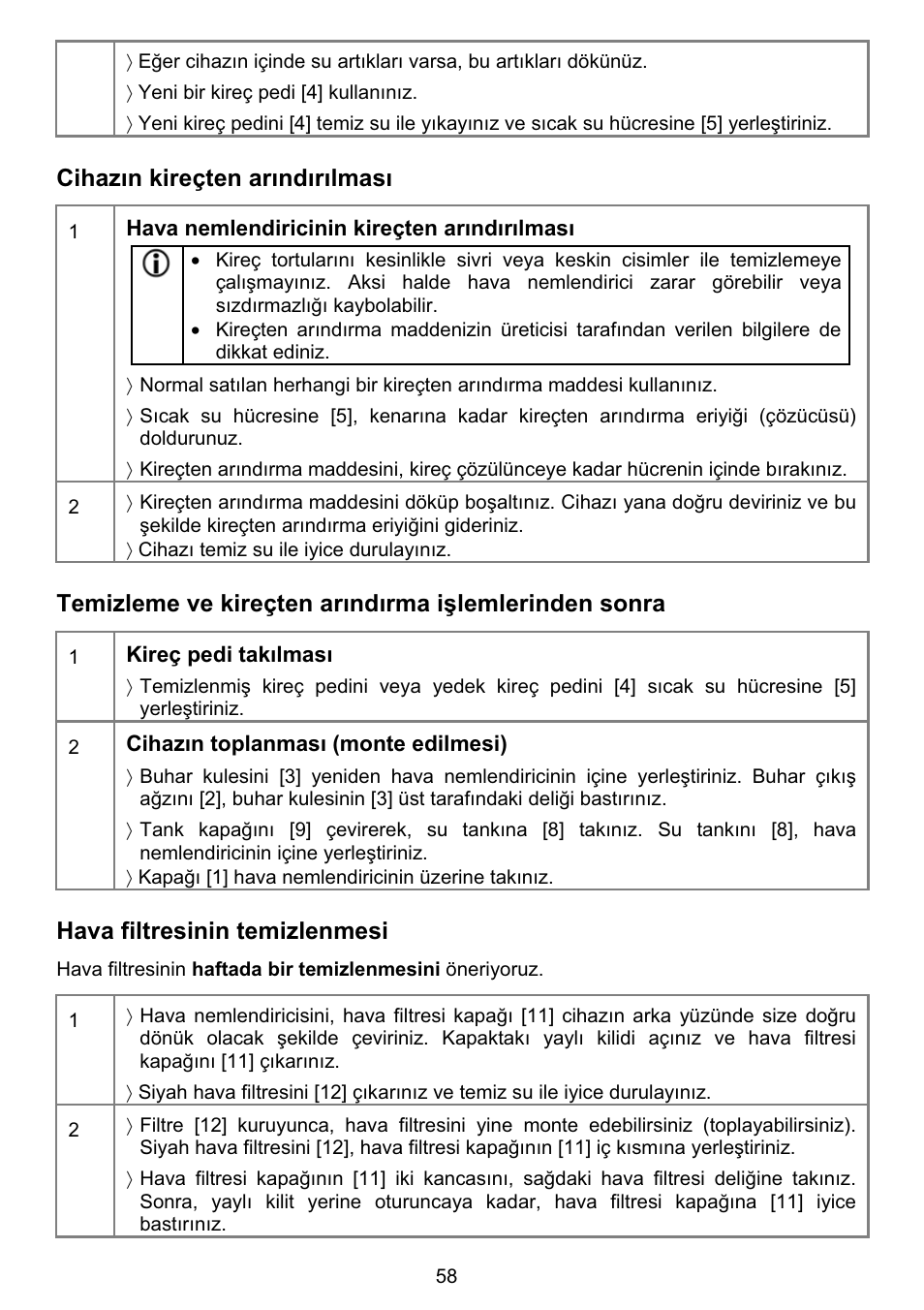 Cihazın kireçten arındırılması, Hava filtresinin temizlenmesi | Beurer LB 50 User Manual | Page 60 / 84