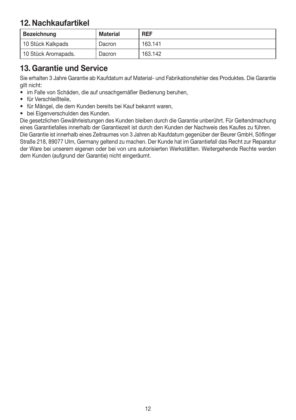 Nachkaufartikel, Garantie und service | Beurer LB 88 User Manual | Page 12 / 88