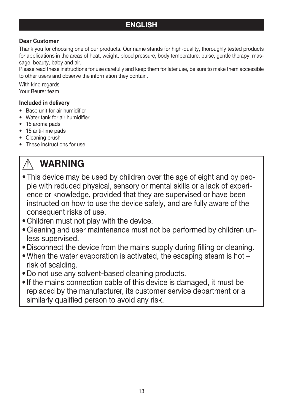 Warning | Beurer LB 88 User Manual | Page 13 / 88