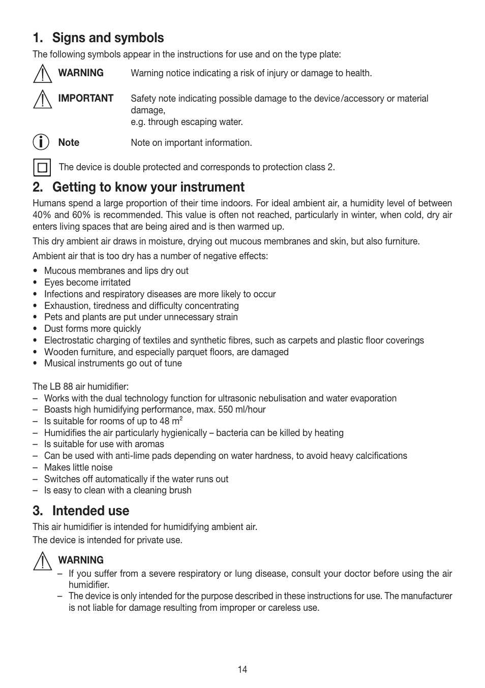 Signs and symbols, Getting to know your instrument, Intended use | Beurer LB 88 User Manual | Page 14 / 88