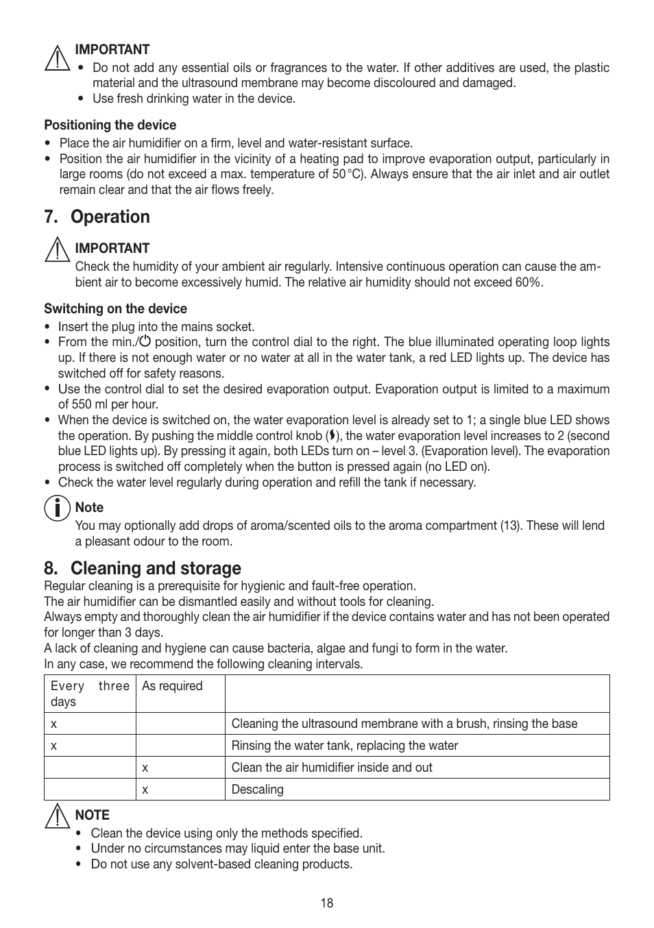 Operation, Cleaning and storage | Beurer LB 88 User Manual | Page 18 / 88
