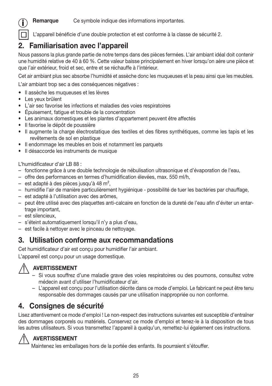 Familiarisation avec l’appareil, Utilisation conforme aux recommandations, Consignes de sécurité | Beurer LB 88 User Manual | Page 25 / 88