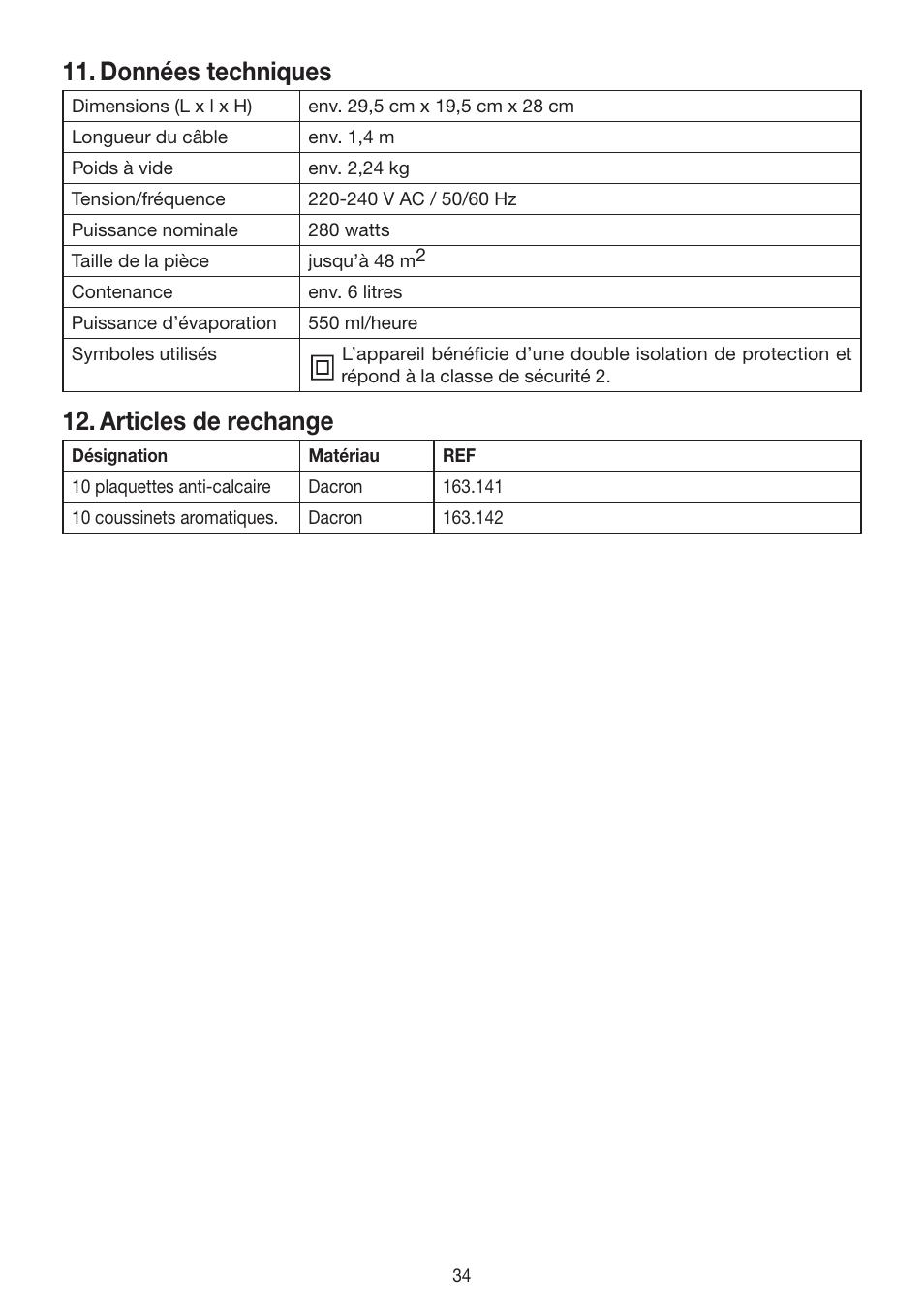 Données techniques, Articles de rechange | Beurer LB 88 User Manual | Page 34 / 88