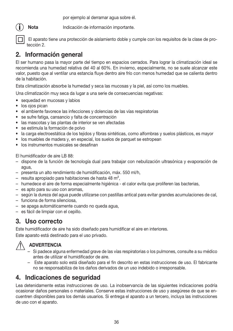 Información general, Uso correcto, Indicaciones de seguridad | Beurer LB 88 User Manual | Page 36 / 88