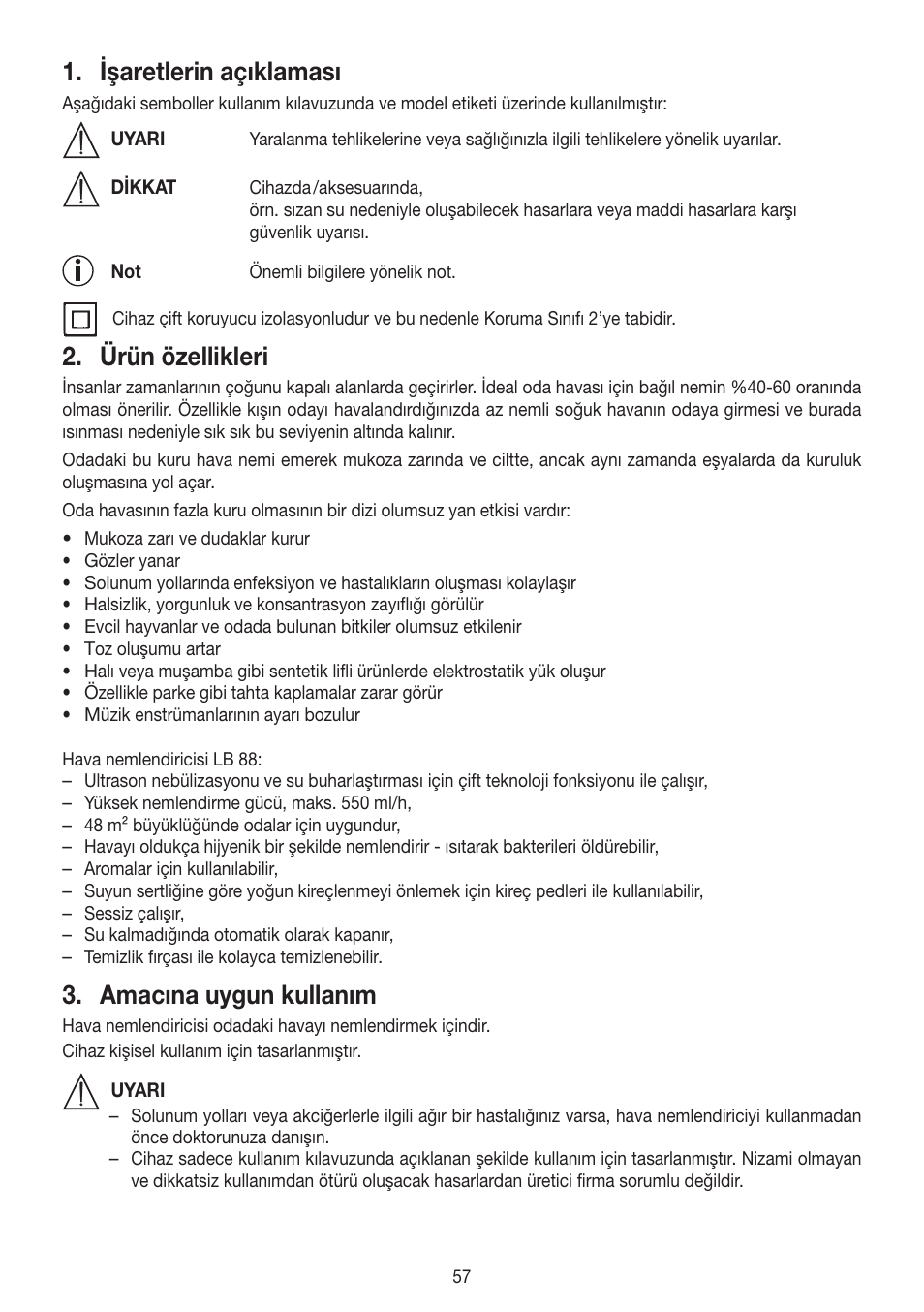 Işaretlerin açıklaması, Ürün özellikleri, Amacına uygun kullanım | Beurer LB 88 User Manual | Page 57 / 88