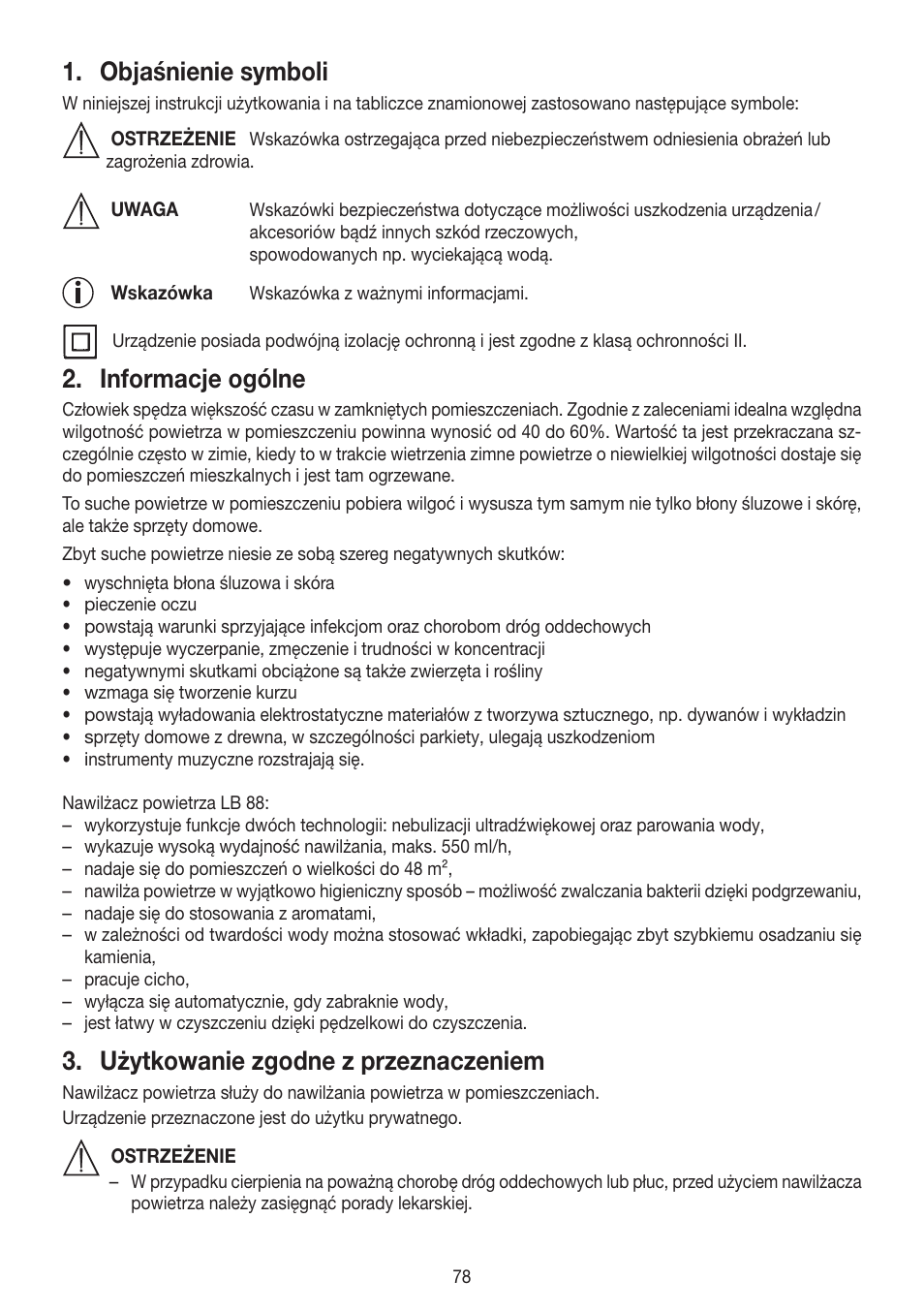 Objaśnienie symboli, Informacje ogólne, Użytkowanie zgodne z przeznaczeniem | Beurer LB 88 User Manual | Page 78 / 88
