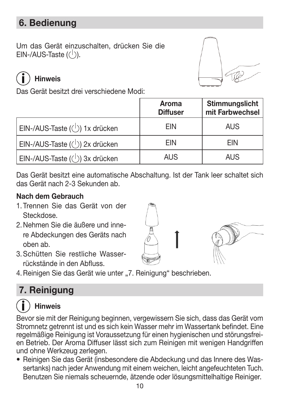 6� bedienung, 7� reinigung | Beurer LA 30 User Manual | Page 10 / 92