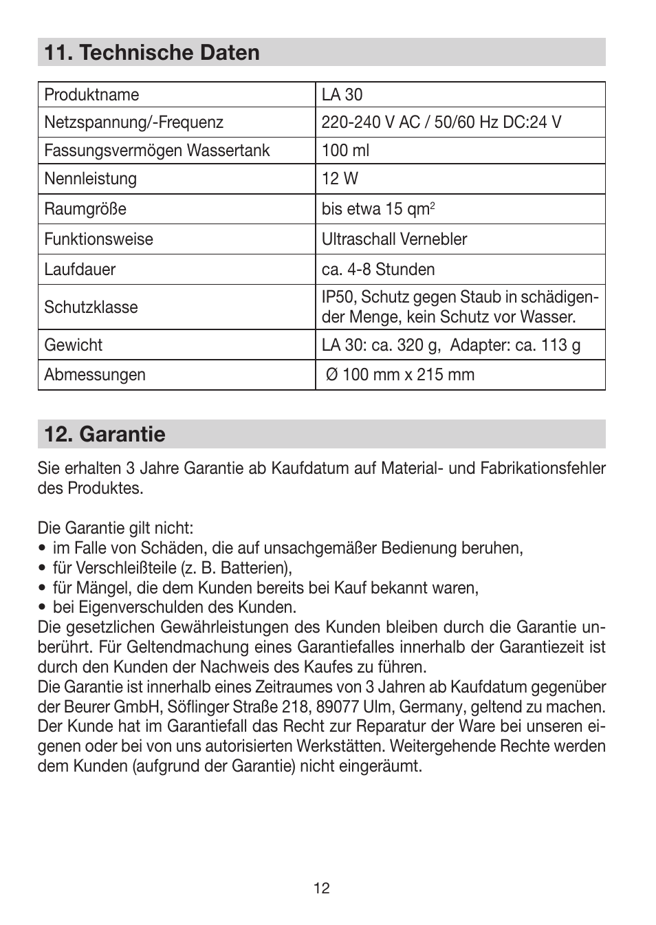 11� technische daten, 12� garantie | Beurer LA 30 User Manual | Page 12 / 92
