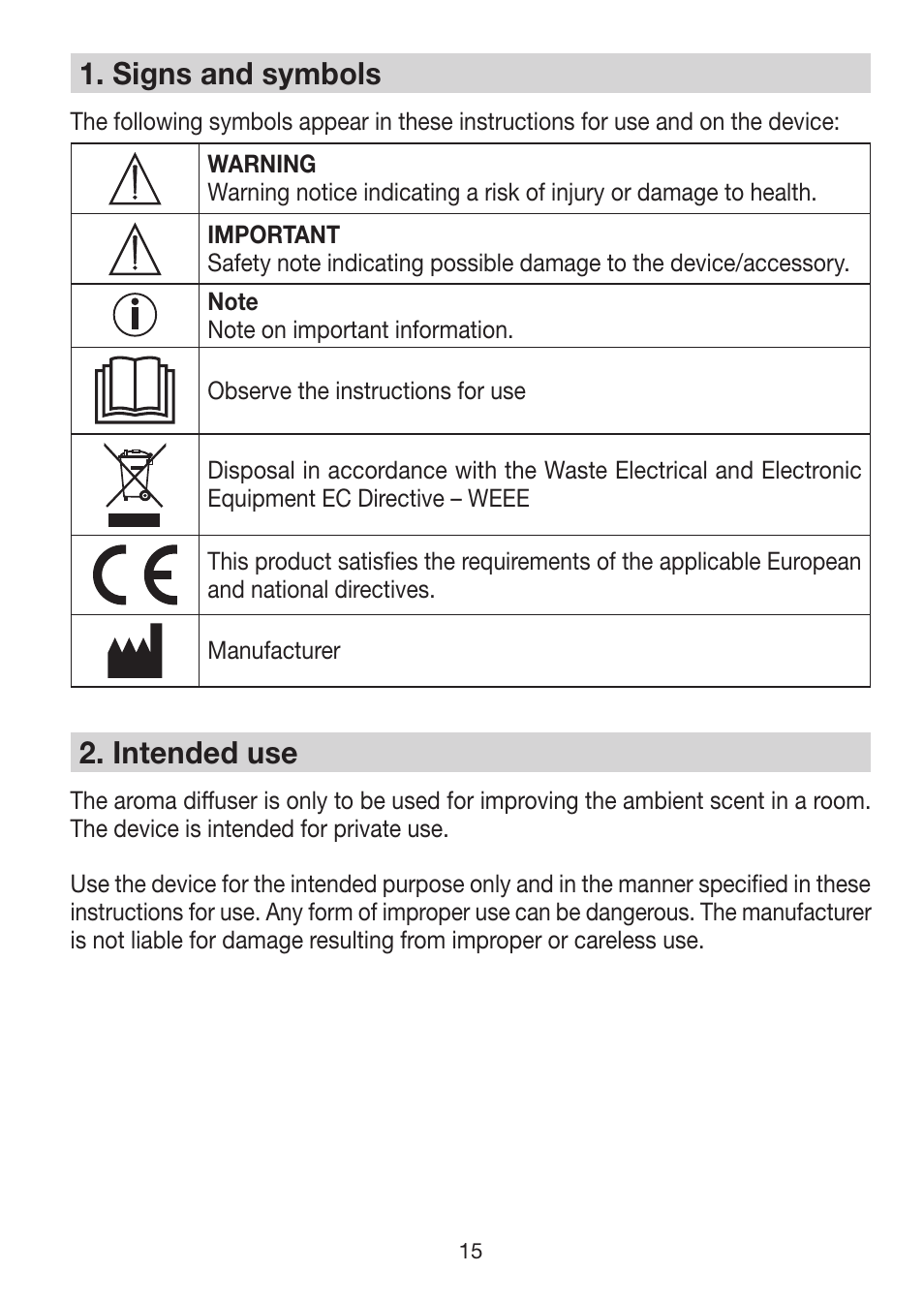 1� signs and symbols, 2� intended use | Beurer LA 30 User Manual | Page 15 / 92