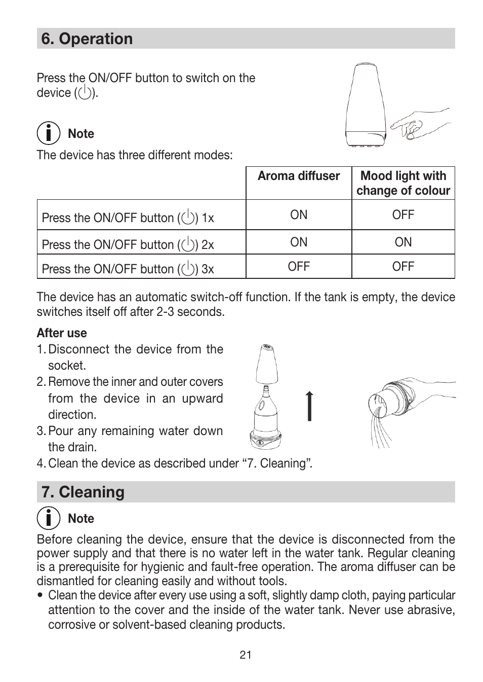 6� operation, 7� cleaning | Beurer LA 30 User Manual | Page 21 / 92