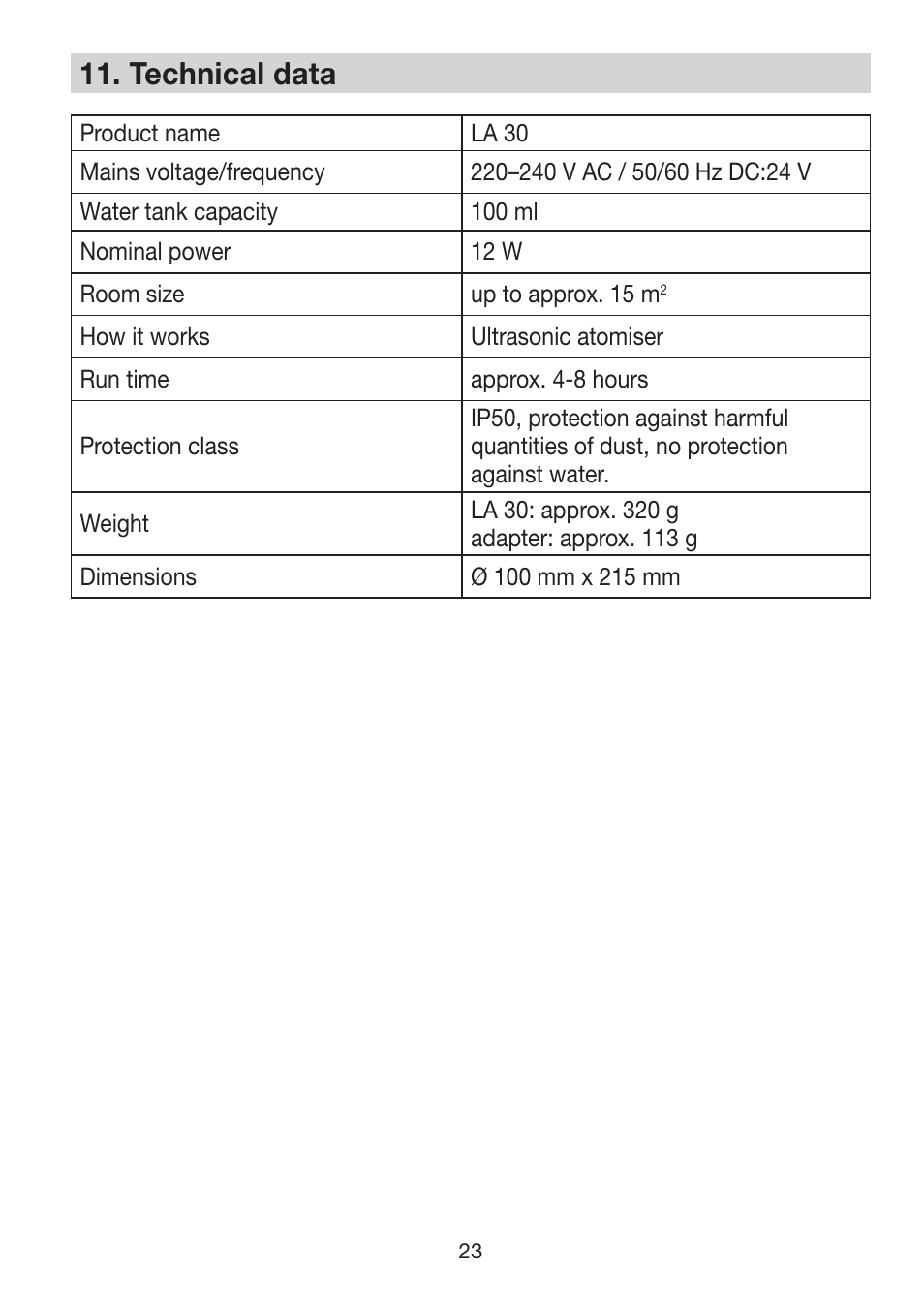 11� technical data | Beurer LA 30 User Manual | Page 23 / 92