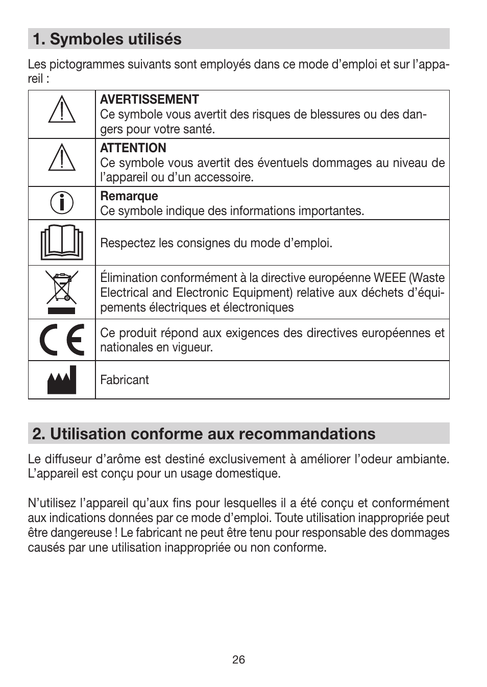 1� symboles utilisés, 2� utilisation conforme aux recommandations | Beurer LA 30 User Manual | Page 26 / 92
