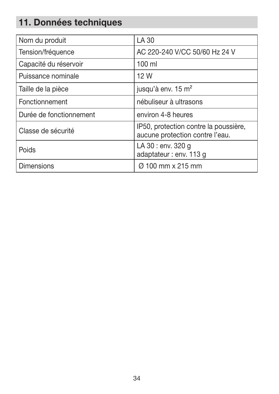 11� données techniques | Beurer LA 30 User Manual | Page 34 / 92