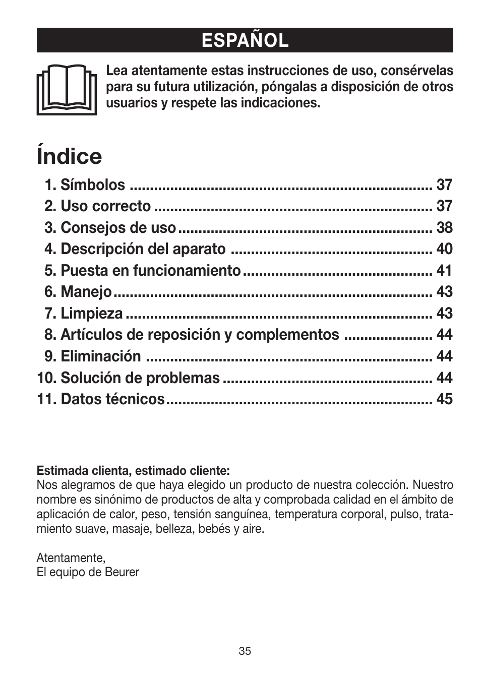 Índice, Español | Beurer LA 30 User Manual | Page 35 / 92
