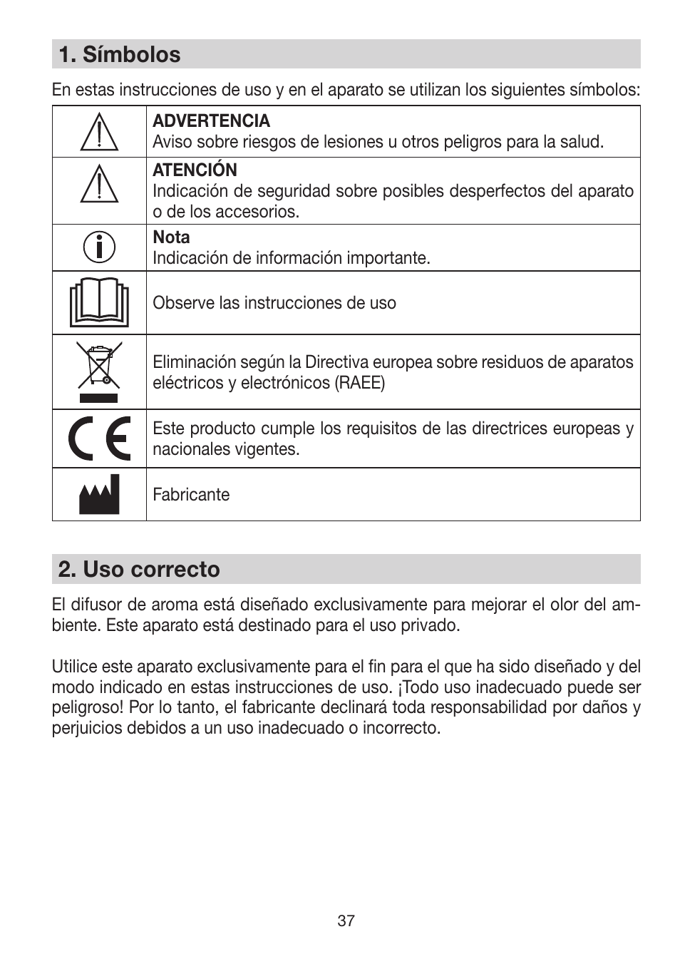 1� símbolos, 2� uso correcto | Beurer LA 30 User Manual | Page 37 / 92