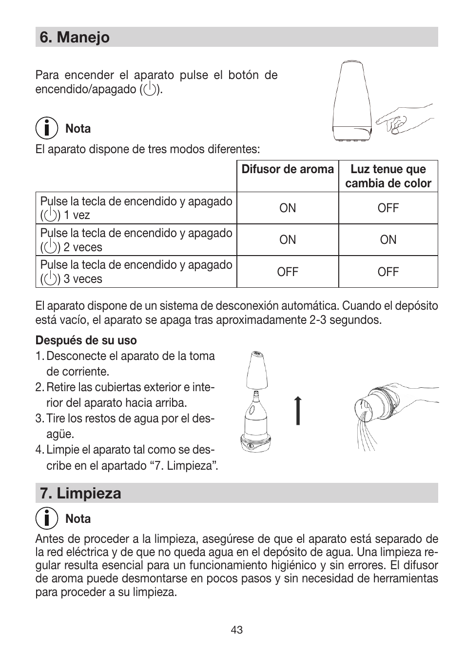 6� manejo, 7� limpieza | Beurer LA 30 User Manual | Page 43 / 92