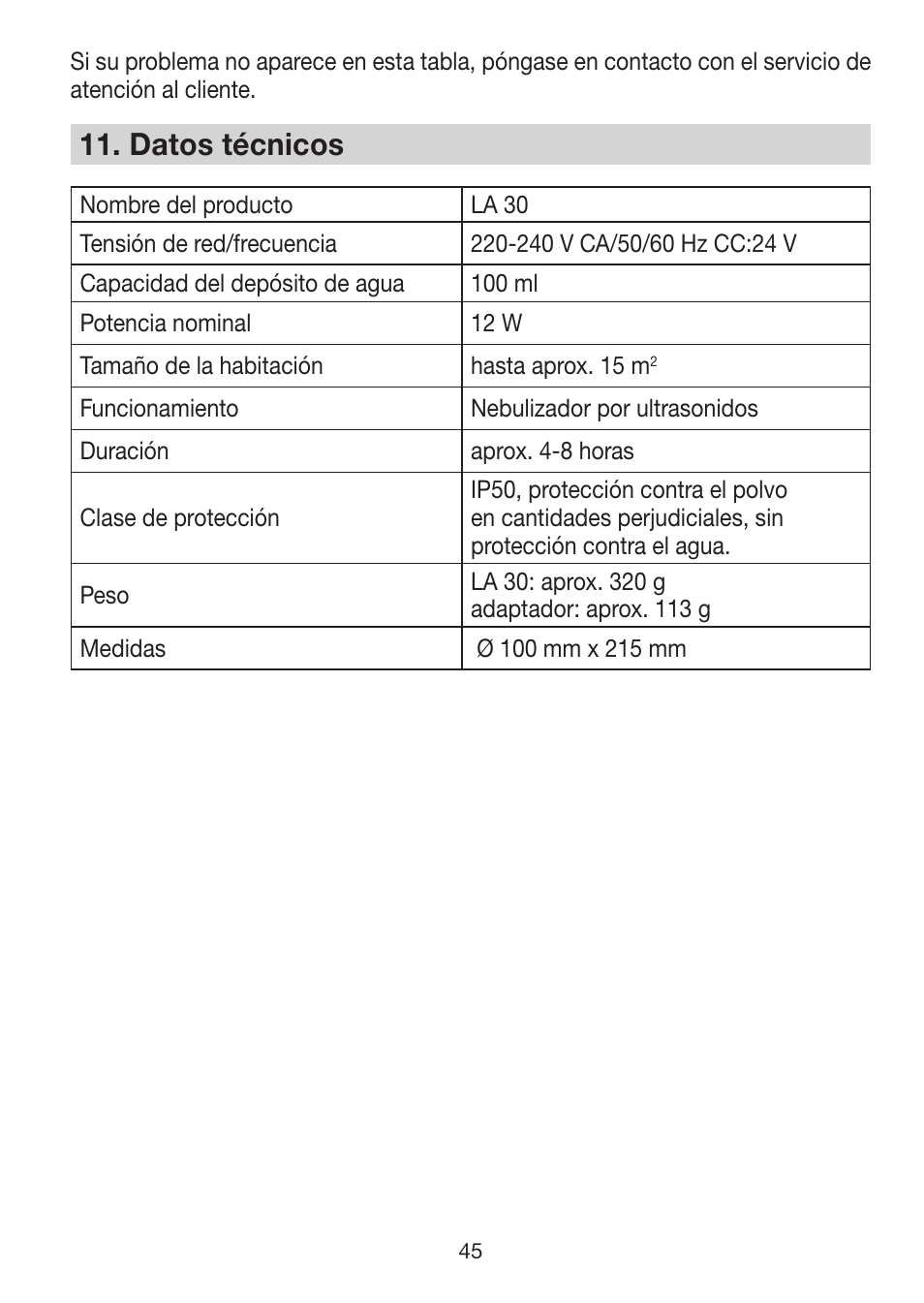 11� datos técnicos | Beurer LA 30 User Manual | Page 45 / 92