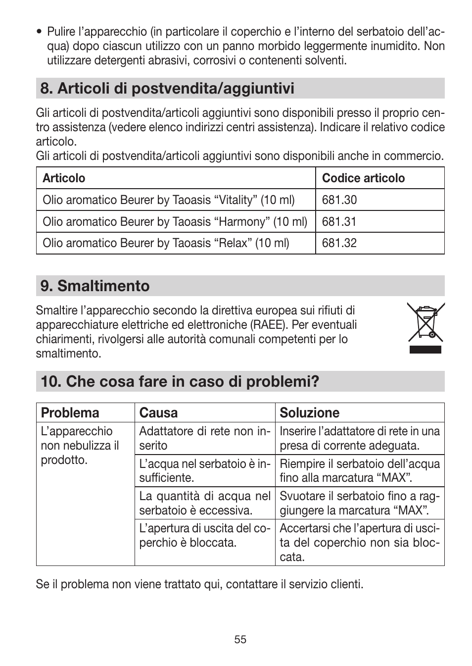 8� articoli di postvendita/aggiuntivi, 9� smaltimento, 10� che cosa fare in caso di problemi | Beurer LA 30 User Manual | Page 55 / 92
