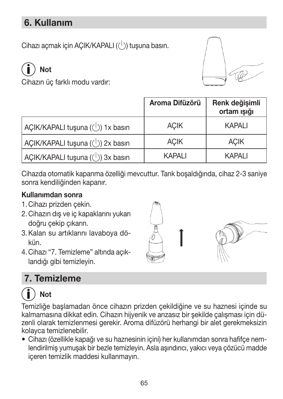 6� kullanım, 7� temizleme | Beurer LA 30 User Manual | Page 65 / 92