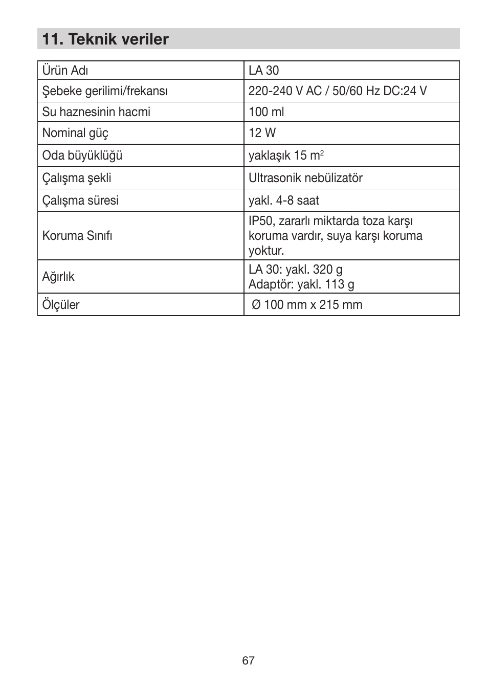 11� teknik veriler | Beurer LA 30 User Manual | Page 67 / 92