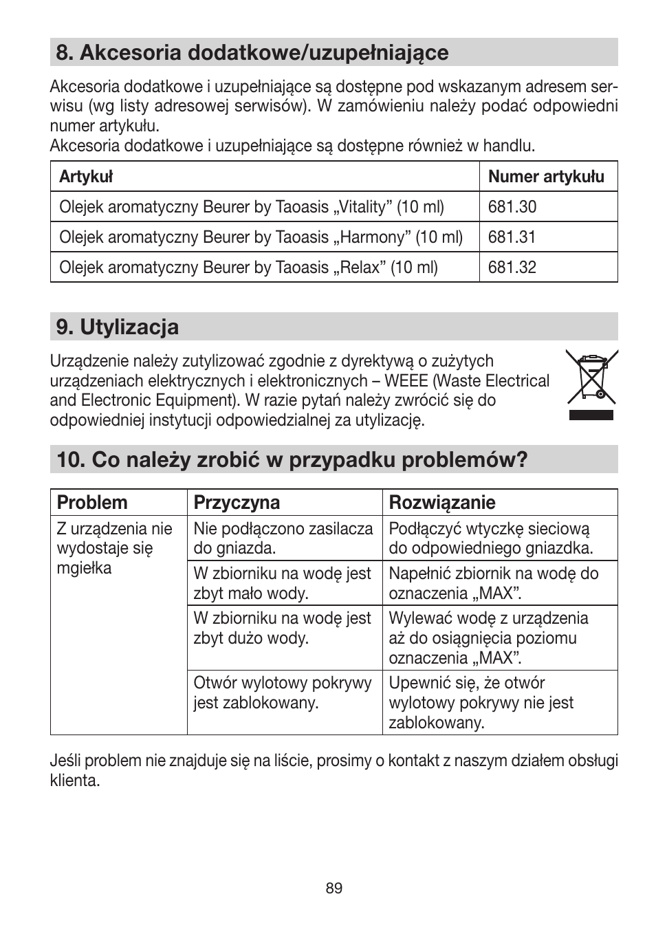 8� akcesoria dodatkowe/uzupełniające, 9� utylizacja, 10� co należy zrobić w przypadku problemów | Beurer LA 30 User Manual | Page 89 / 92
