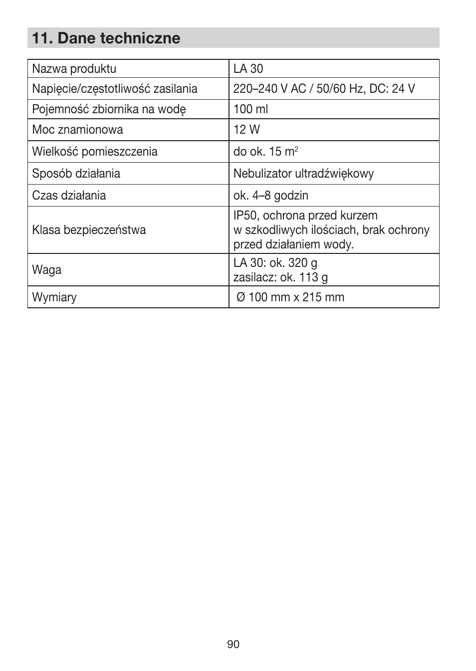 11� dane techniczne | Beurer LA 30 User Manual | Page 90 / 92