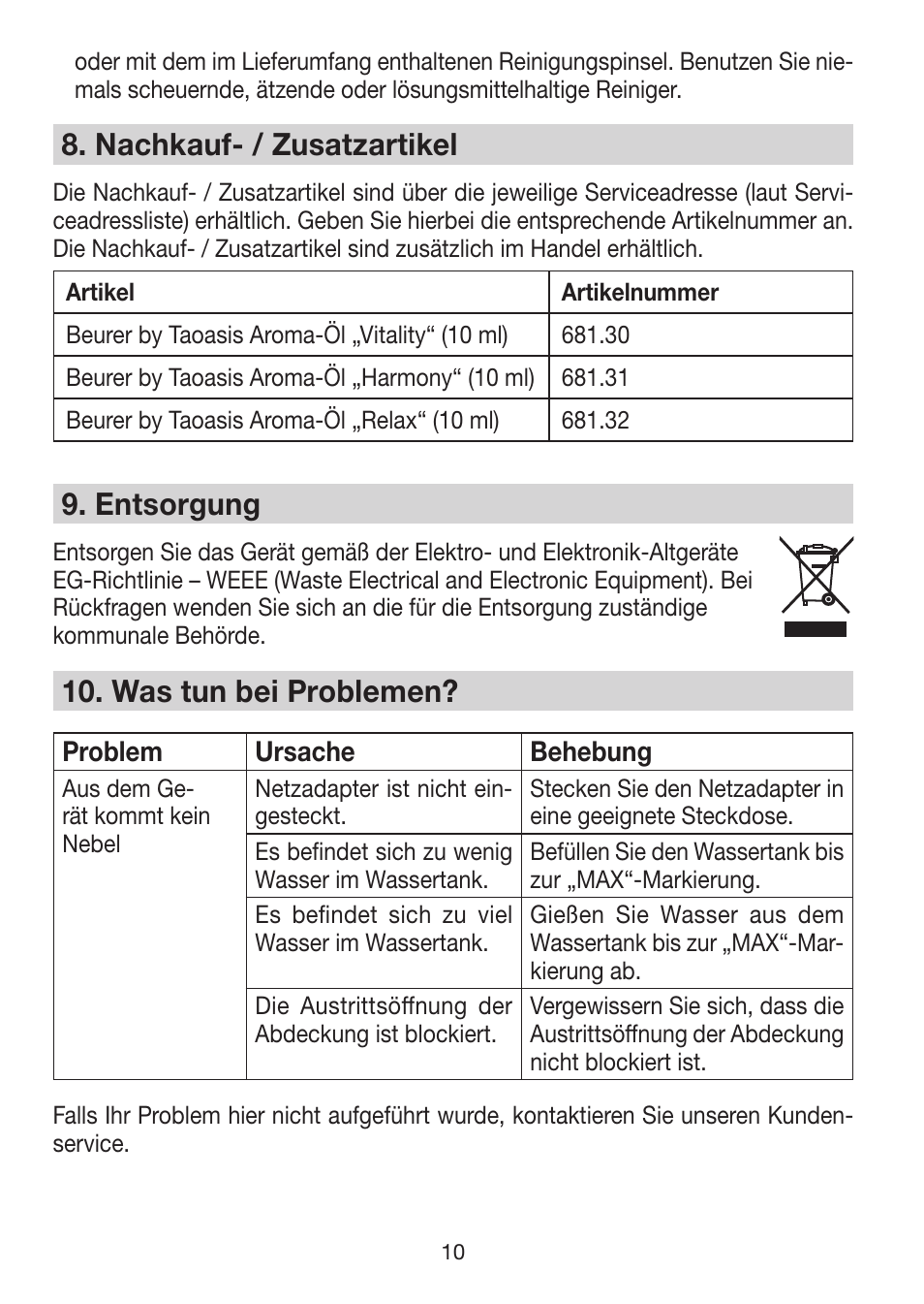 8� nachkauf- / zusatzartikel, 9� entsorgung, 10� was tun bei problemen | Beurer LA 50 User Manual | Page 10 / 84