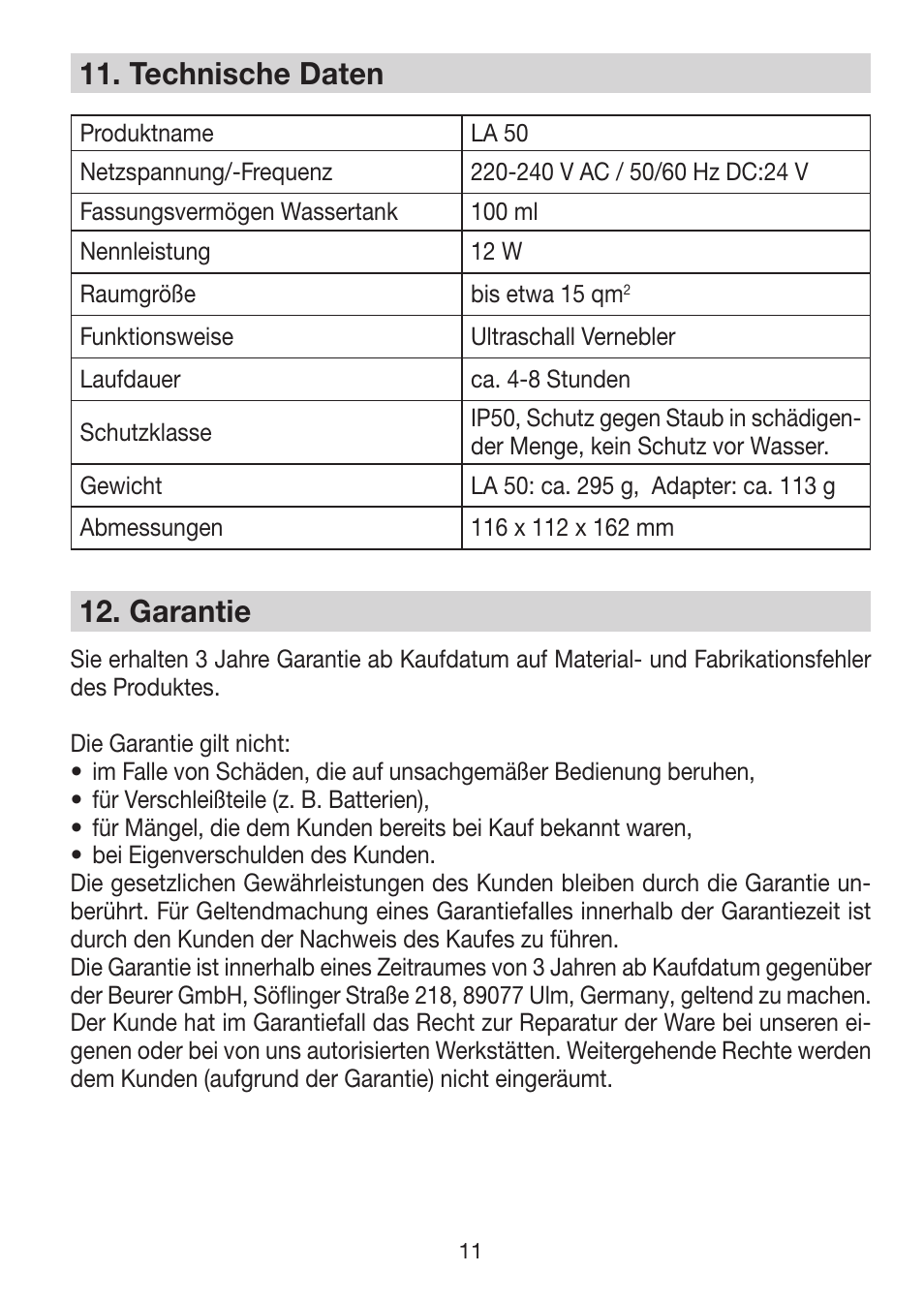 11� technische daten, 12� garantie | Beurer LA 50 User Manual | Page 11 / 84