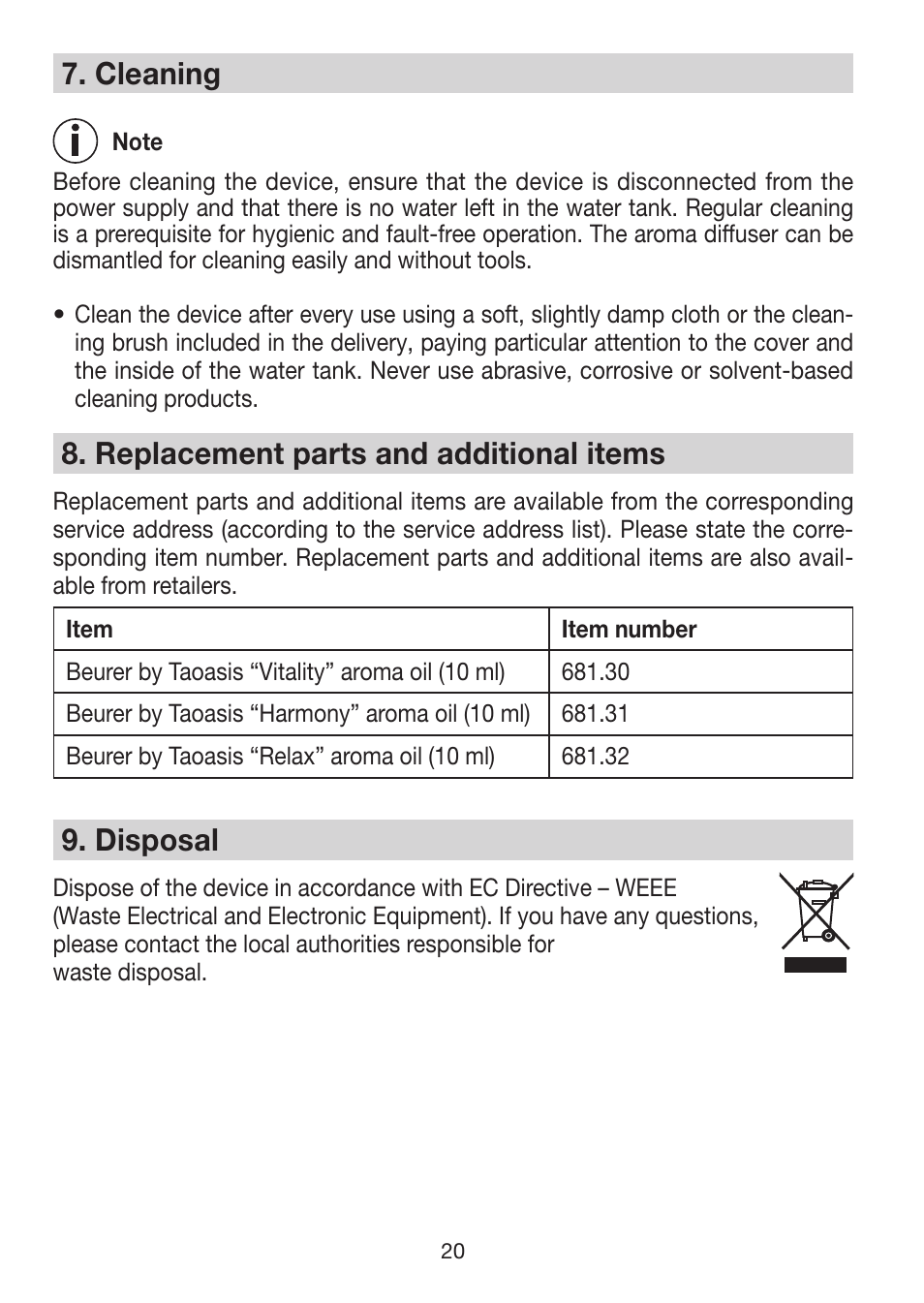 7� cleaning, 8� replacement parts and additional items, 9� disposal | Beurer LA 50 User Manual | Page 20 / 84