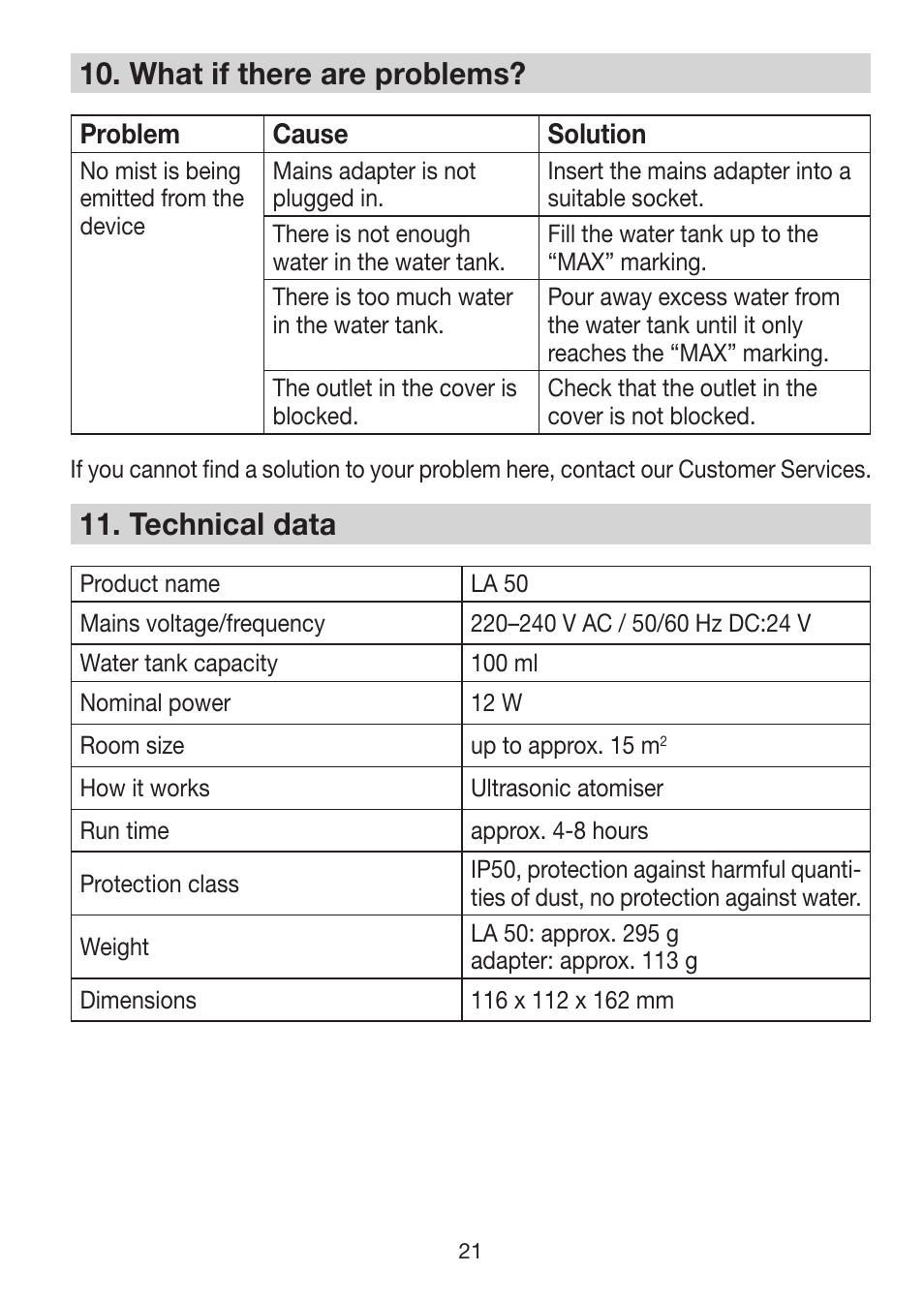 10� what if there are problems, 11� technical data | Beurer LA 50 User Manual | Page 21 / 84