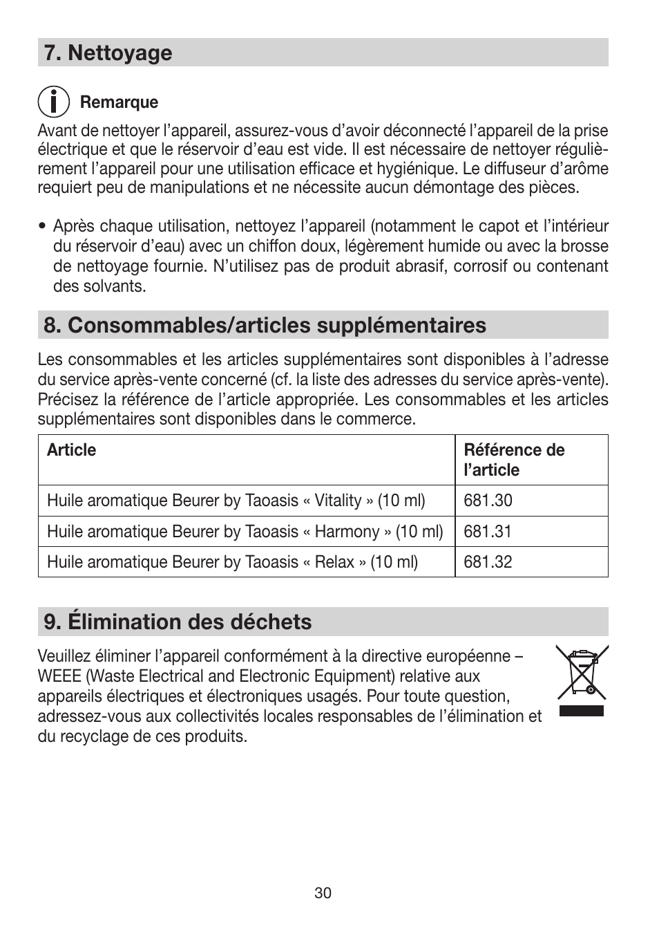 7� nettoyage, 8� consommables/articles supplémentaires, 9� élimination des déchets | Beurer LA 50 User Manual | Page 30 / 84