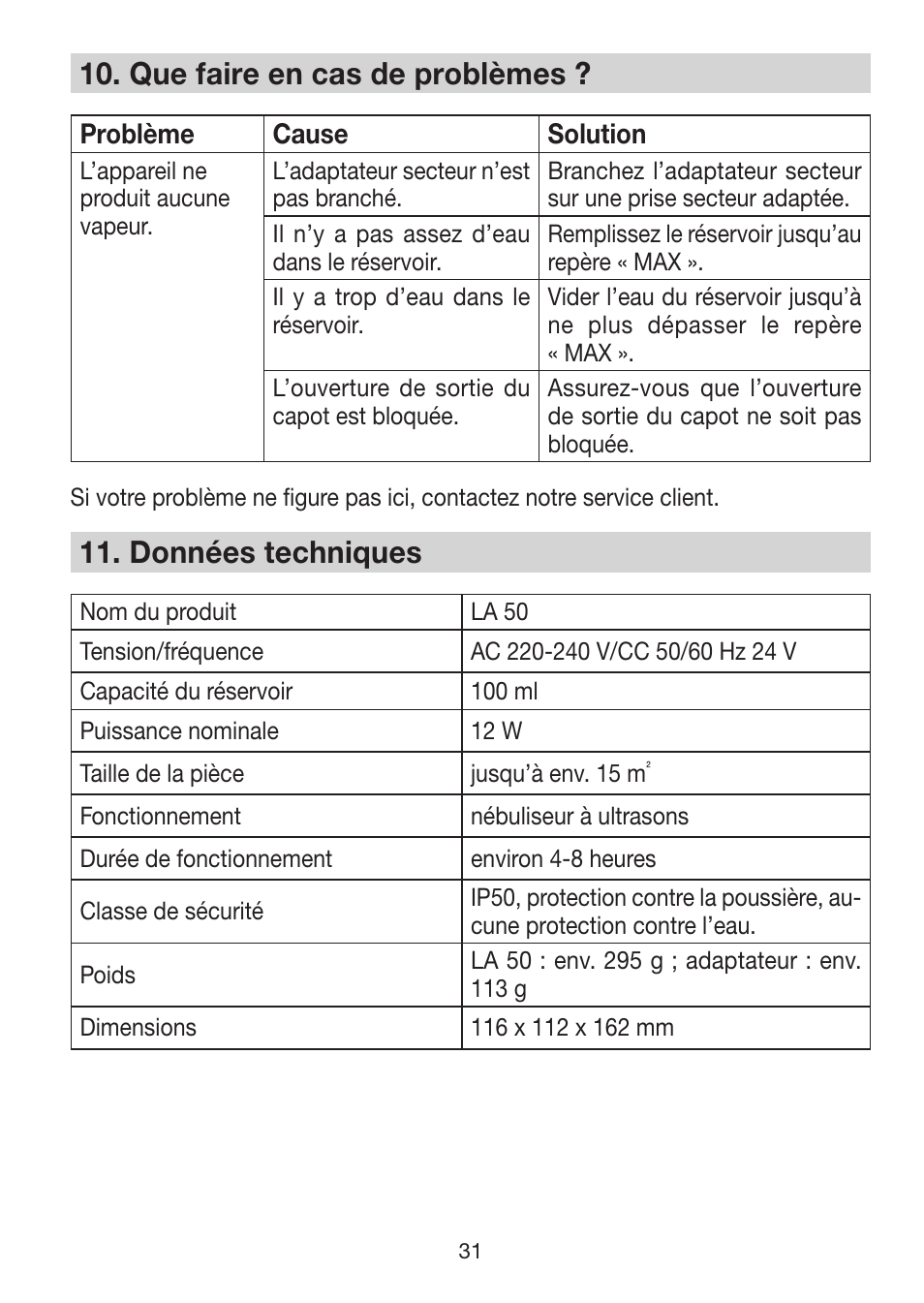 10� que faire en cas de problèmes, 11� données techniques | Beurer LA 50 User Manual | Page 31 / 84