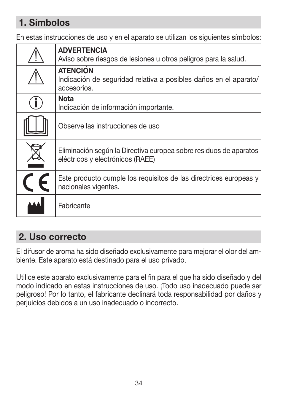 1� símbolos, 2� uso correcto | Beurer LA 50 User Manual | Page 34 / 84