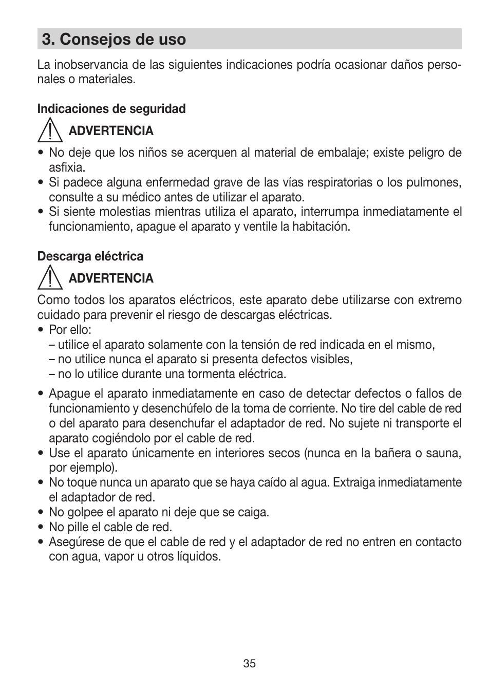 3� consejos de uso | Beurer LA 50 User Manual | Page 35 / 84