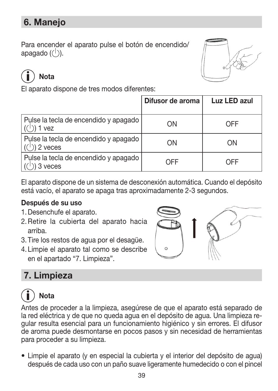 6� manejo, 7� limpieza | Beurer LA 50 User Manual | Page 39 / 84